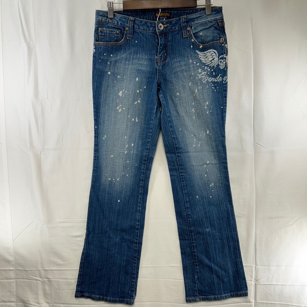Zana Di Jeans Womens 11 Blue Y2K Skull Wing Rhinestone Paint Splatter Graphic